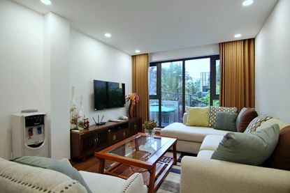 Wooden floor with good furniture 3 bedroom apartment for rent in Tay Ho, To Ngoc Van st