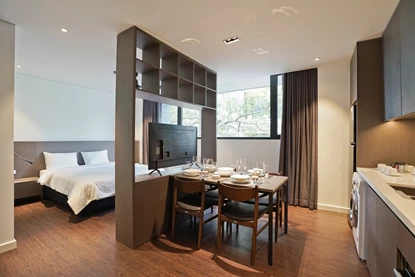 Tree view modern Studio with bathtub and shower 204 HH12 for rent in Ba Dinh Ha Noi