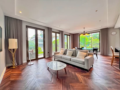 High-end and fully furnished 3-bedroom apartment with balcony for rent in Tay Ho area, Hanoi.