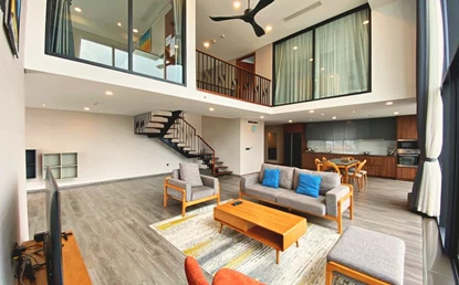 Luxurious duplex 2 bedroom apartment for rent in PentStudio building, highly selected amenities, Tay Ho district, Hanoi.