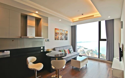 Lake view 1-bedroom apartment with balcony for rent in Sun Grand City building, Tay Ho Area.