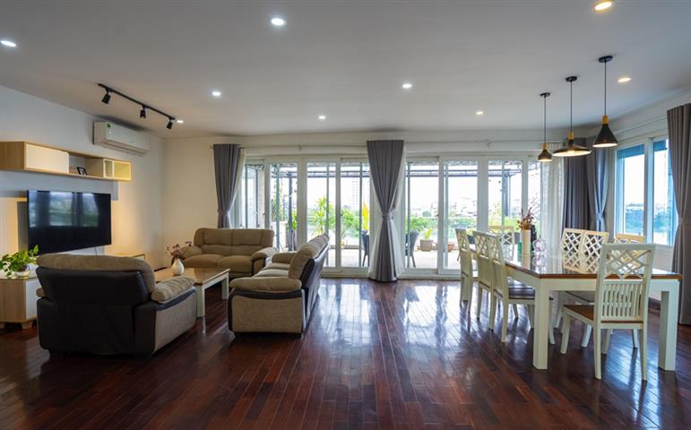 Lake view apartment with 3 bedrooms and a huge balcony for rent on Quang An street, Tay Ho