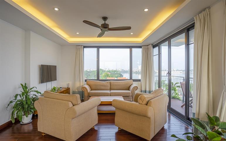 Lake view apartment with 2 bedrooms and 1 workroom for rent in Quang Khanh, Tay Ho